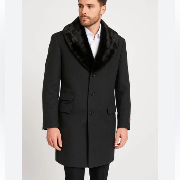 Reiss Wool Blend Removable Faux Fur Collar Coat In Black - Picture 1 of 13